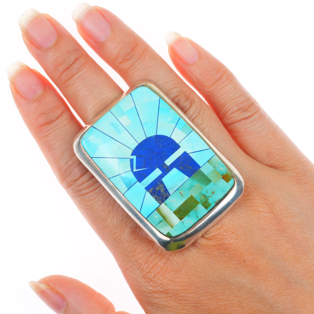 sz8 Calvin Desson Navajo sterling silver turquoise inlay Yei size 8 ring