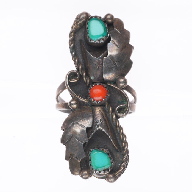 sz7 vintage Navajo sterling silver turquoise/coral 3 stone feather ring
