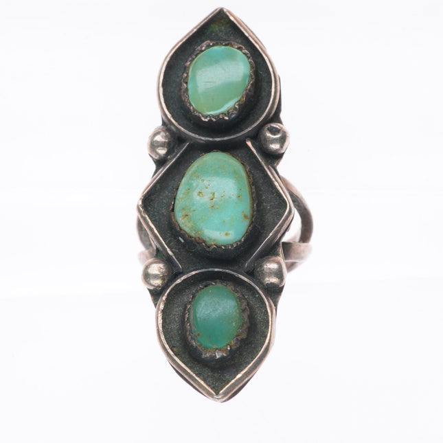 sz6 vintage Navajo sterling silver 3 stone green turquoise pointy ring