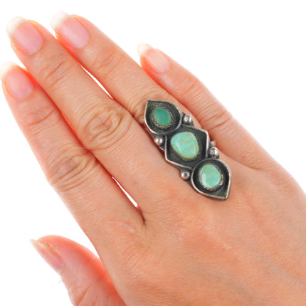sz6 vintage Navajo sterling silver 3 stone green turquoise pointy ring