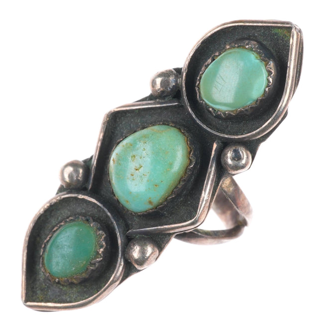 sz6 vintage Navajo sterling silver 3 stone green turquoise pointy ring