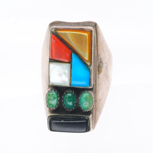 sz9 vintage Navajo sterling silver turquoise/shell/coral inlay size 9 men's ring