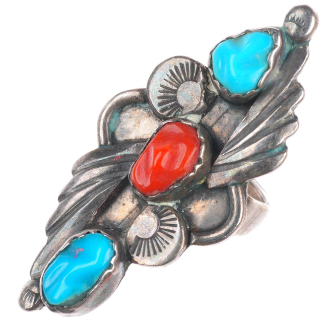 sz4 Vintage Zuni sterling silver carved turquoise/coral 3 stone size 4 ring