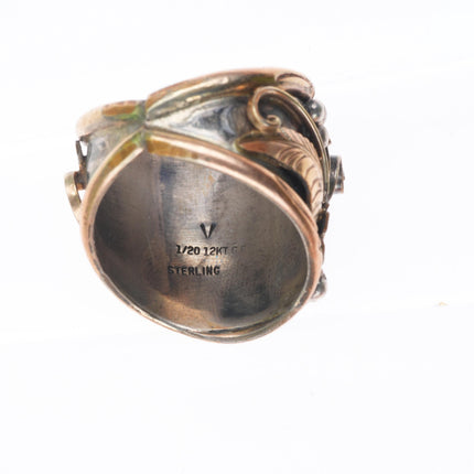 sz11 vintage Navajo sterling silver gold filled turquoise 2 stone men's ring