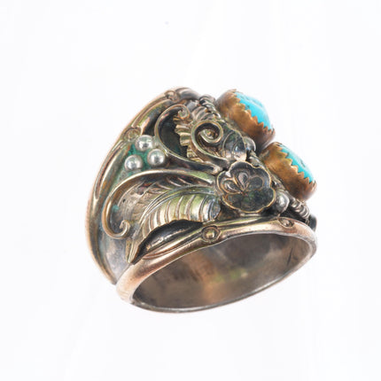 sz11 vintage Navajo sterling silver gold filled turquoise 2 stone men's ring