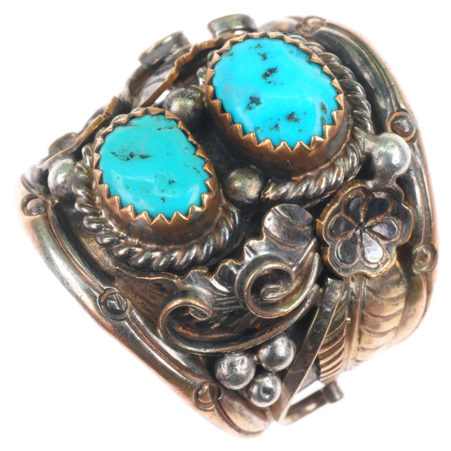 sz11 vintage Navajo sterling silver gold filled turquoise 2 stone men's ring