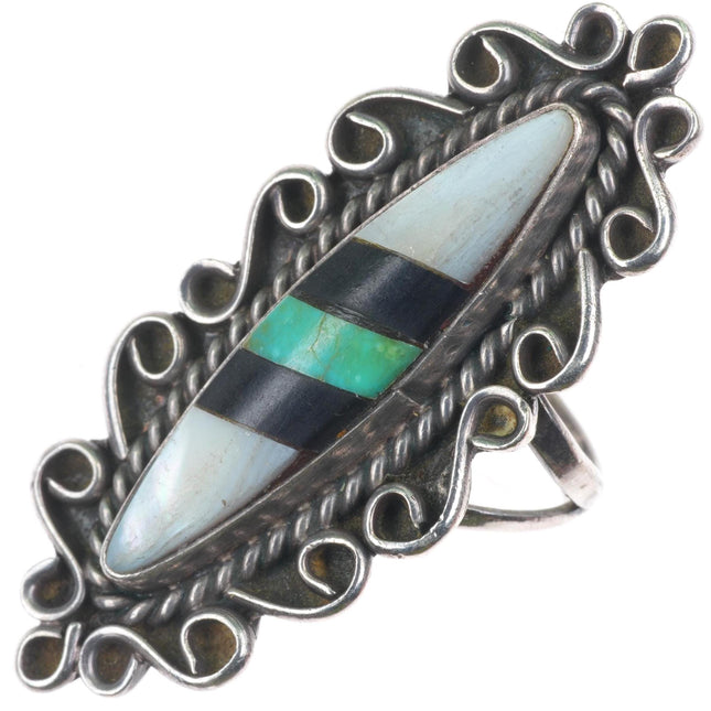 sz7 vintage Zuni sterling silver, turquoise, shell, jet long ring
