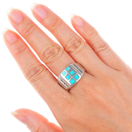 sz10 vintage Zuni sterling silver turquoise flush channel inlay size 10 ring