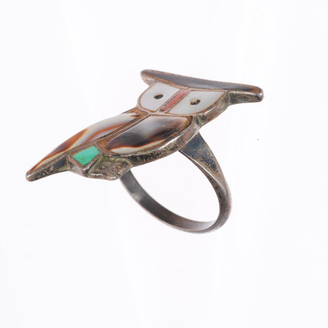 sz8 vintage Zuni sterling silver shell/turquoise inlaid owl size 8 ring