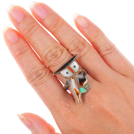 sz8 vintage Zuni sterling silver shell/turquoise inlaid owl size 8 ring