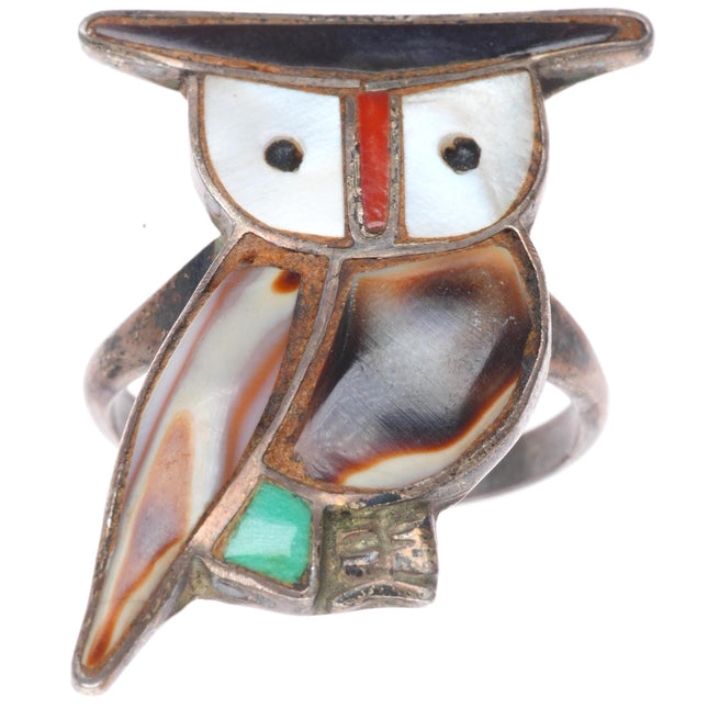 sz8 vintage Zuni sterling silver shell/turquoise inlaid owl size 8 ring