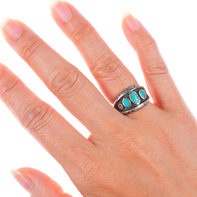 sz6 vintage Navajo sterling silver flush inlay turquoise row size 6 ring