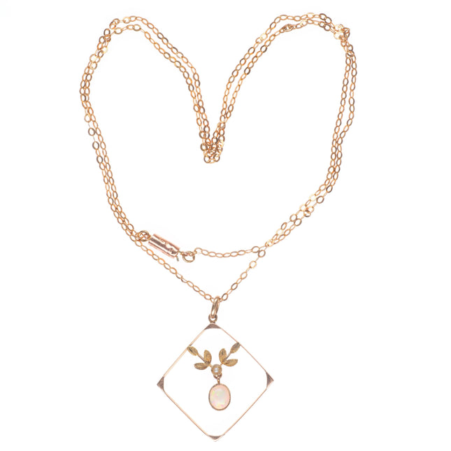 Antique 9 ct 9k gold opal/seed pearl pendant/necklace