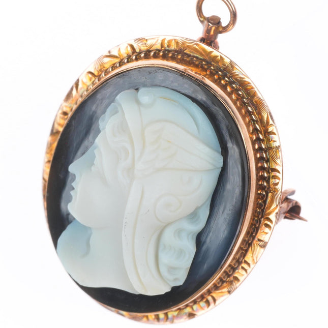 Antique 14k yellow gold hardstone cameo onyx Hermes/Mercury pendant/pin brooch