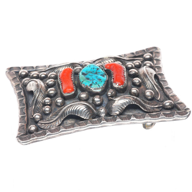Vintage Navajo sterling silver turquoise/branch coral feather accent belt buckle