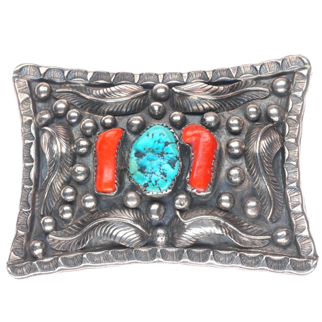 Vintage Navajo sterling silver turquoise/branch coral feather accent belt buckle