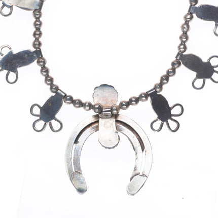 c1940 vintage Zuni sterling silver snake eye turquoise squash blossom necklace