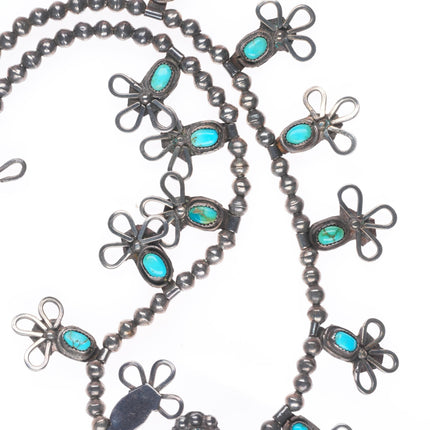 c1940 vintage Zuni sterling silver snake eye turquoise squash blossom necklace
