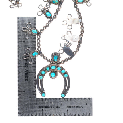 c1940 vintage Zuni sterling silver snake eye turquoise squash blossom necklace