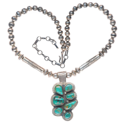 vintage Navajo pearls sterling silver Royston turquoise cluster pendant necklace