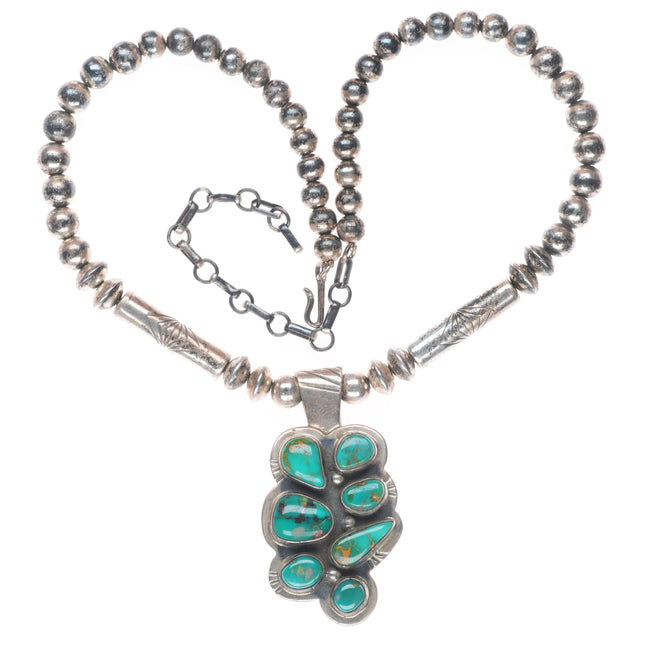 vintage Navajo pearls sterling silver Royston turquoise cluster pendant necklace
