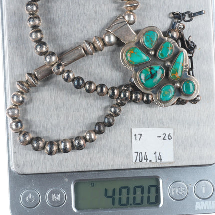 vintage Navajo pearls sterling silver Royston turquoise cluster pendant necklace