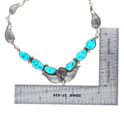 vintage Bahe Navajo sterling silver Kingman turquoise feather/blossom necklace