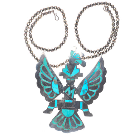50's-60's Zuni turquoise inlay sterling silver knifewing pendant/beaded necklace