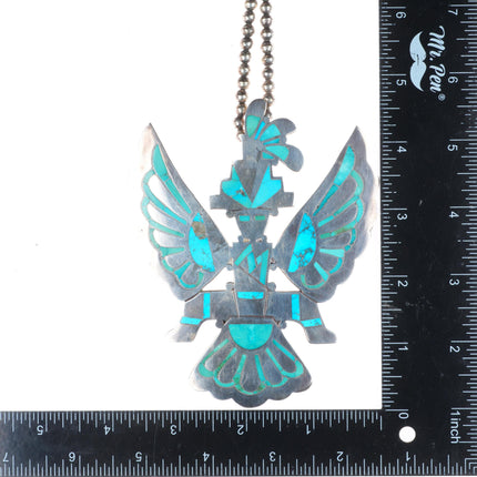 50's-60's Zuni turquoise inlay sterling silver knifewing pendant/beaded necklace