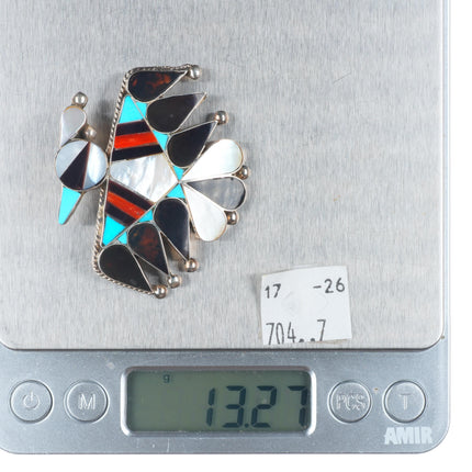 Big vintage Zuni sterling silver, turquoise, jet, shell thunderbird pendant/pin