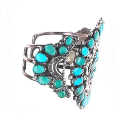 6.4" c1950 Ondelacy family Zuni sterling silver turquoise cluster cuff bracelet