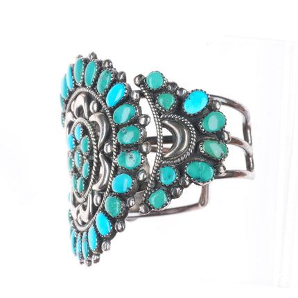 6.4" c1950 Ondelacy family Zuni sterling silver turquoise cluster cuff bracelet