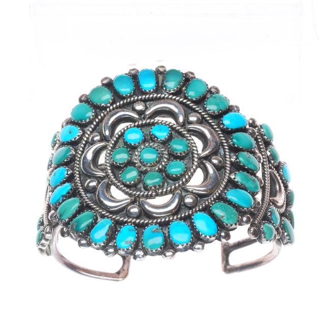 6.4" c1950 Ondelacy family Zuni sterling silver turquoise cluster cuff bracelet