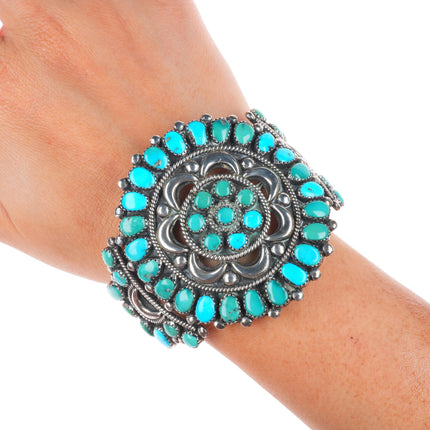 6.4" c1950 Ondelacy family Zuni sterling silver turquoise cluster cuff bracelet