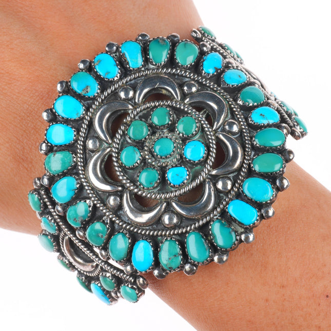 6.4" c1950 Ondelacy family Zuni sterling silver turquoise cluster cuff bracelet