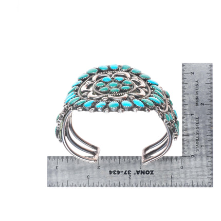 6.4" c1950 Ondelacy family Zuni sterling silver turquoise cluster cuff bracelet