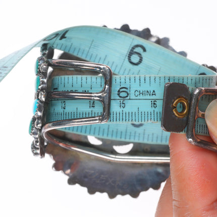6.4" c1950 Ondelacy family Zuni sterling silver turquoise cluster cuff bracelet