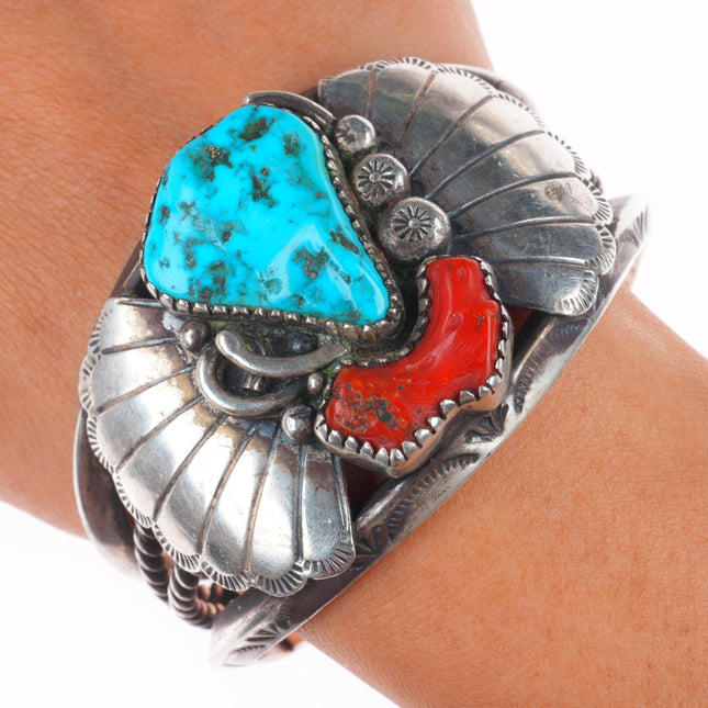 6.4" Heavy vintage Navajo sterling silver turquoise/branch coral cuff bracelet