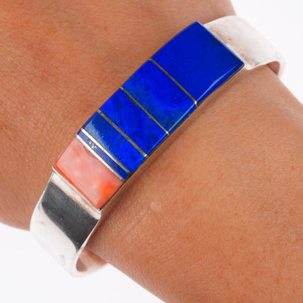 6.35" Leo Yazzie Navajo sterling silver orange coral, lapis inlay cuff bracelet