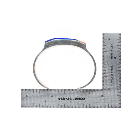 6.35" Leo Yazzie Navajo sterling silver orange coral, lapis inlay cuff bracelet