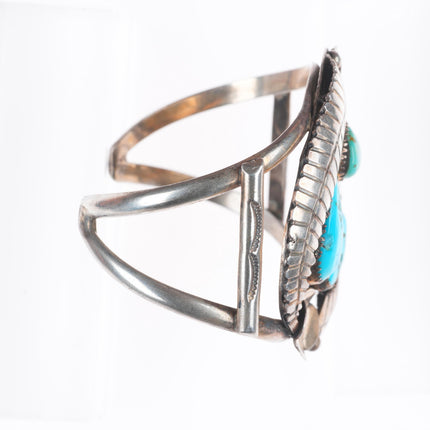 6.4" vintage Navajo sterling silver turquoise 3 stone feather cuff bracelet