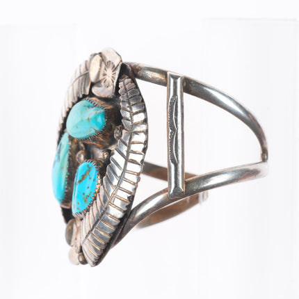 6.4" vintage Navajo sterling silver turquoise 3 stone feather cuff bracelet