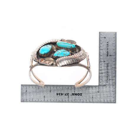 6.4" vintage Navajo sterling silver turquoise 3 stone feather cuff bracelet