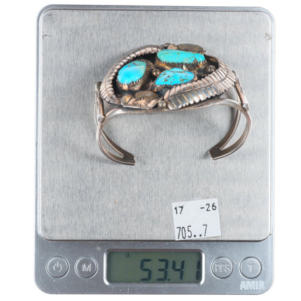 6.4" vintage Navajo sterling silver turquoise 3 stone feather cuff bracelet