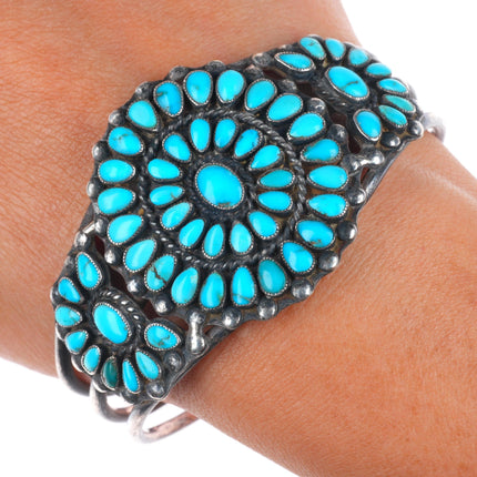 6.8" 1940's Zuni natural turquoise cluster sterling silver cuff bracelet