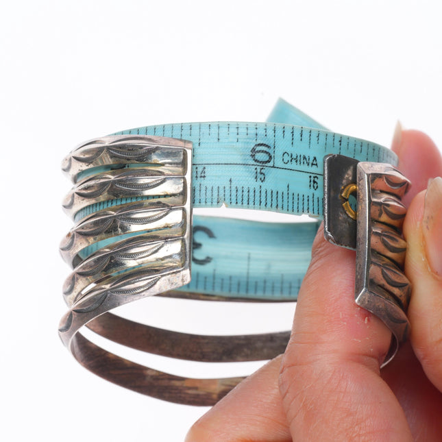 6.25" c1940's Navajo 5 stack carinated stamped cuff bracelet sterling silver