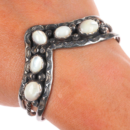 6.1" Vintage Navajo sterling silver mother of pearl triangular row cuff bracelet