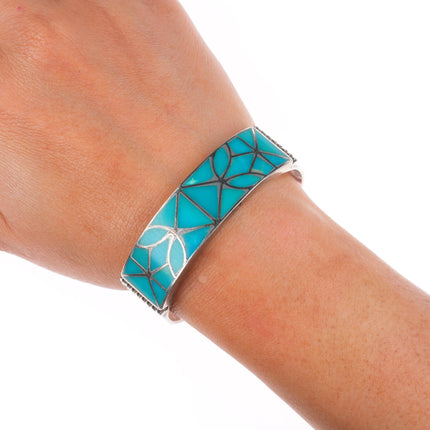 6.1" c1940 Zuni Gem Silica sterling silver channel inlay stamped cuff bracelet