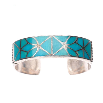 6.1" c1940 Zuni Gem Silica sterling silver channel inlay stamped cuff bracelet