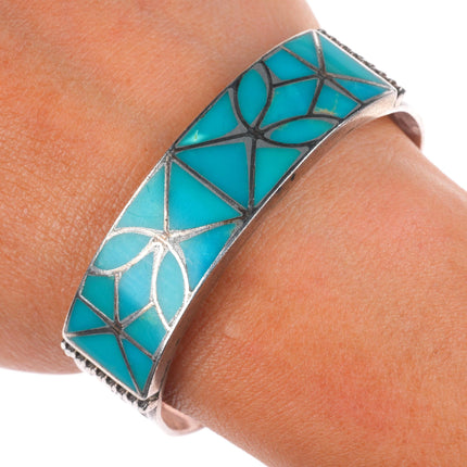 6.1" c1940 Zuni Gem Silica sterling silver channel inlay stamped cuff bracelet